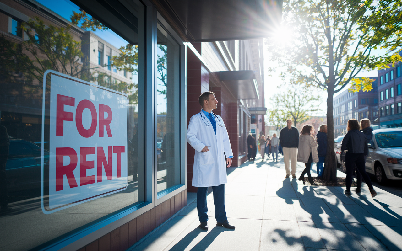 A physician standing outside a potential medical office space in an urban neighborhood, analyzing the surroundings. A large sign 'For Rent' is visible, alongside a bustling sidewalk full of people. The sunny day casts vibrant colors, emphasizing the community's activity and the importance of location in healthcare.