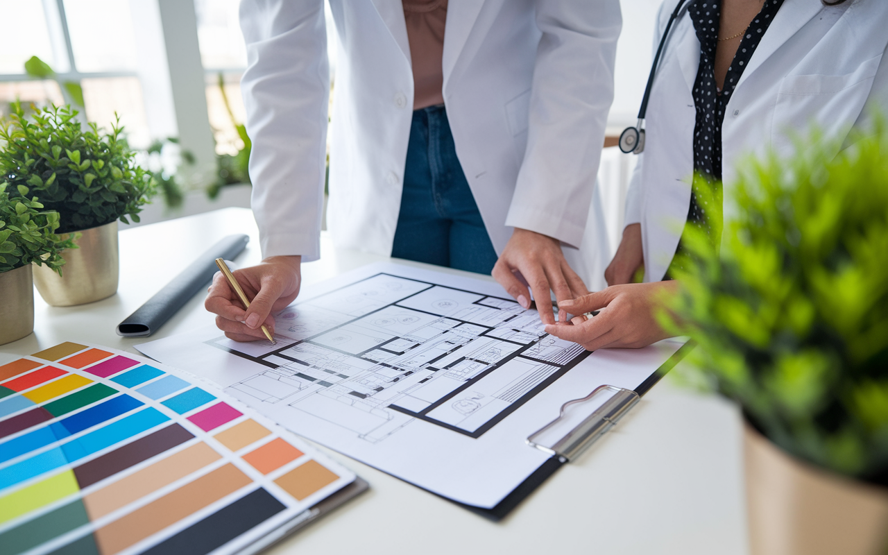 An interior designer collaborating with a physician to conceptualize the layout of a modern medical office. A blueprint lies open on a table, alongside color samples for walls and furnishings. The bright office space is filled with fresh plants, conveying a warm and welcoming environment for patients.