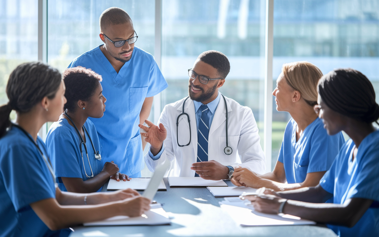 A physician holding a team meeting with nurses and administrative staff in a modern office setting. They are discussing patient care strategies and workflows, with diverse individuals engaged in an atmosphere of collaboration. Natural light floods the room, promoting clarity and unity amongst the team.