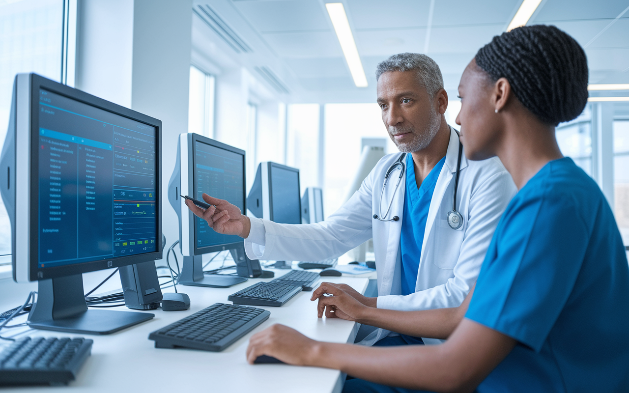 A physician demonstrating electronic health records software to a nurse at a workstation filled with sleek computers and medical devices. Screens show patient data and appointment schedules. The room is bright and modern, showcasing the integration of technology in healthcare practices.