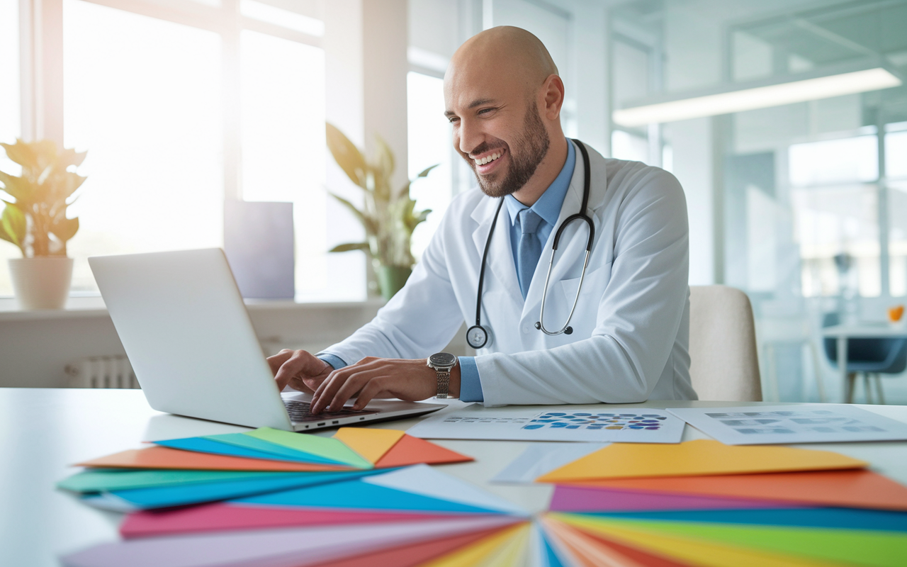 A physician working on a laptop in a bright, inviting office, developing content for a medical practice website. Colorful brochures are spread out on the table, and social media platforms are displayed on the screen. The ambiance is lively and creative, encouraging outreach to the community.