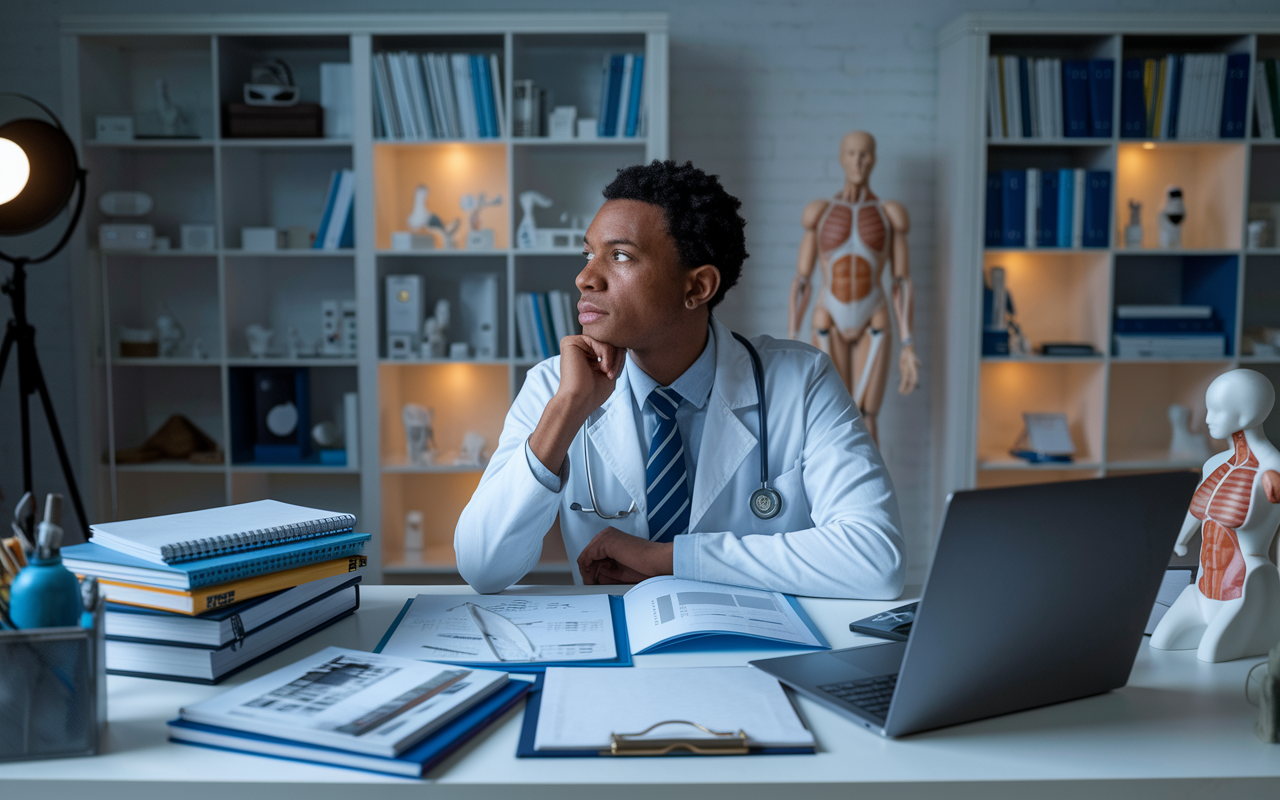 A thoughtful physician sitting at a modern desk overflowing with medical journals, notes, and a laptop open to a market research report. The room is filled with anatomical models and diagnostic tools, showcasing various medical specialties. The physician has a focused, determined expression, contemplating their niche in the healthcare market. Soft ambient lighting supplies a professional atmosphere, highlighting the seriousness of this pivotal decision in their career.