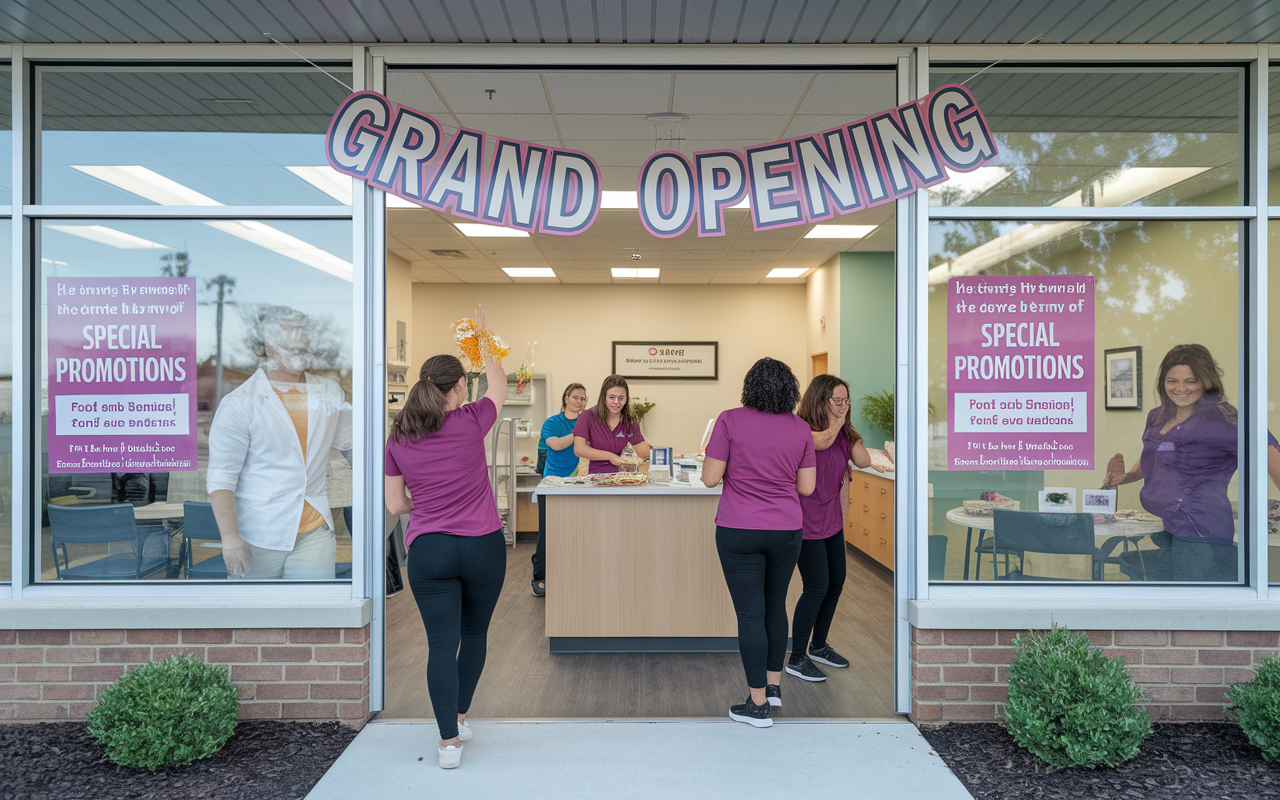 A bustling clinic ready for its grand opening, with staff members arranging welcome banners, setting up refreshments, and preparing examination rooms. The atmosphere is filled with excitement and anticipation, as a 'Grand Opening' sign is beautifully displayed outside. Bright decorations and flyers showcase special promotions, inviting the community to participate.