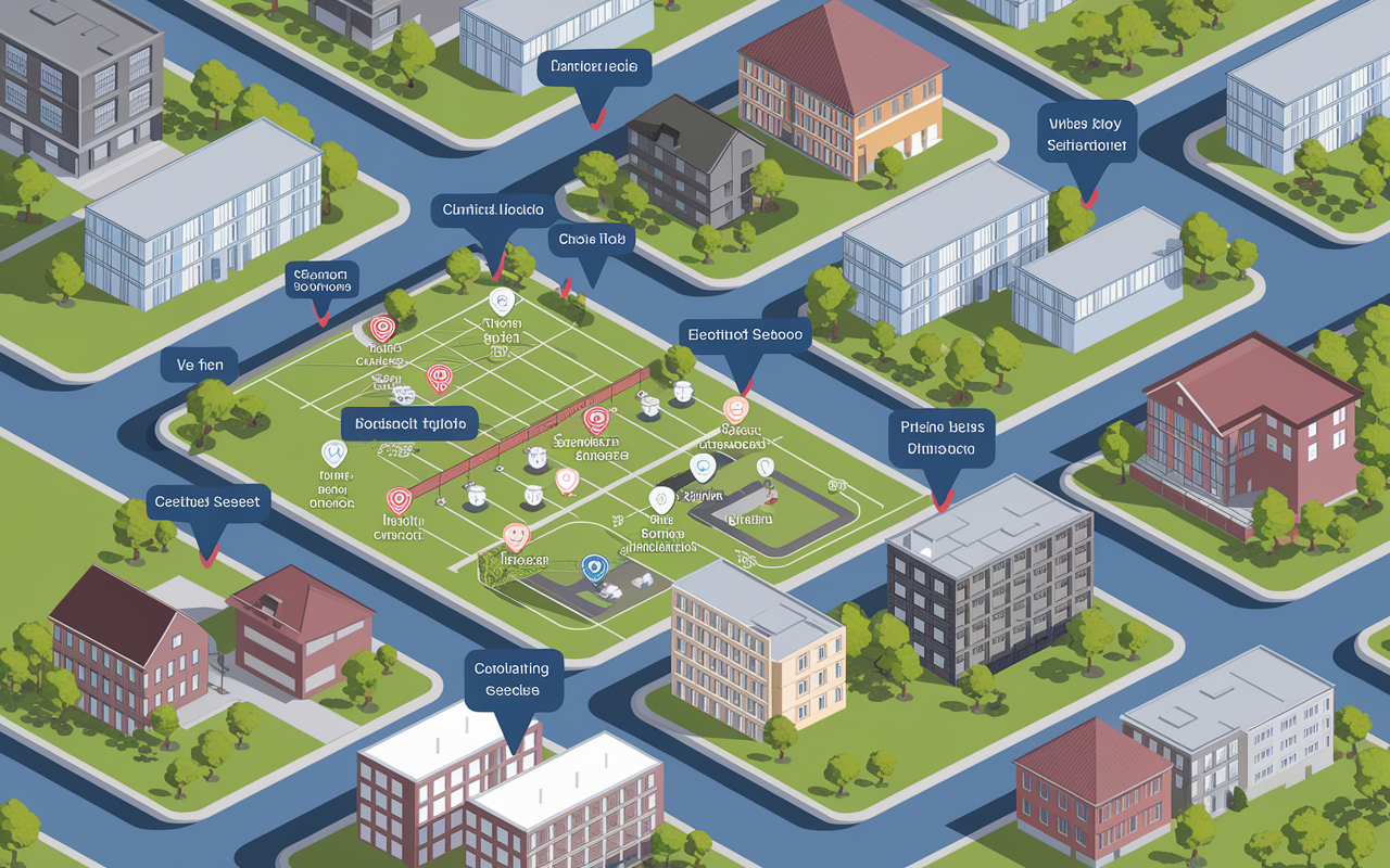 An aerial view of various neighborhoods with a highlighted map showing potential clinic locations based on demographic data and accessibility. Overlay includes icons denoting clinics, schools, and parks, illustrating the research process of selecting an ideal site for patient reach. Bright colors and clear text labels enhance the visual impact of the strategic planning involved in location selection.