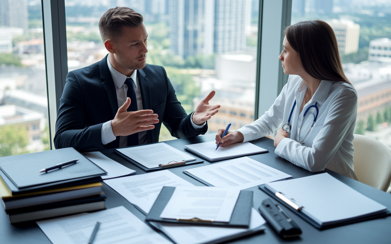 A confident lawyer and physician collaborating at a table stacked with legal documents, licenses, and medical permits. The atmosphere is serious and focused, with a large window showcasing a cityscape. The lawyer is explaining important regulations, while the physician takes notes, emphasizing legal preparedness in opening a clinic.