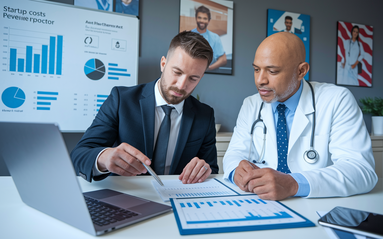 An accountant and physician reviewing a financial spreadsheet on a laptop, with charts and graphs displayed on a whiteboard behind them. The accountant is pointing to key figures as they discuss startup costs and revenue projections, while the physician appears engaged and taking notes. The room has a professional ambiance with motivational healthcare-related artwork on the walls.