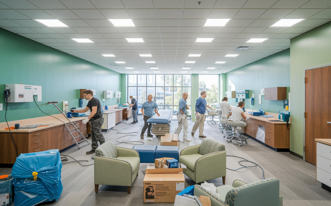 A detailed scene of a new medical clinic under construction, with workers assembling furniture and setting up examination rooms. Cleaning and installation equipment is scattered around, along with boxes containing medical supplies. The atmosphere is vibrant and optimistic, showcasing the collaborative effort in creating a conducive environment for patient care.