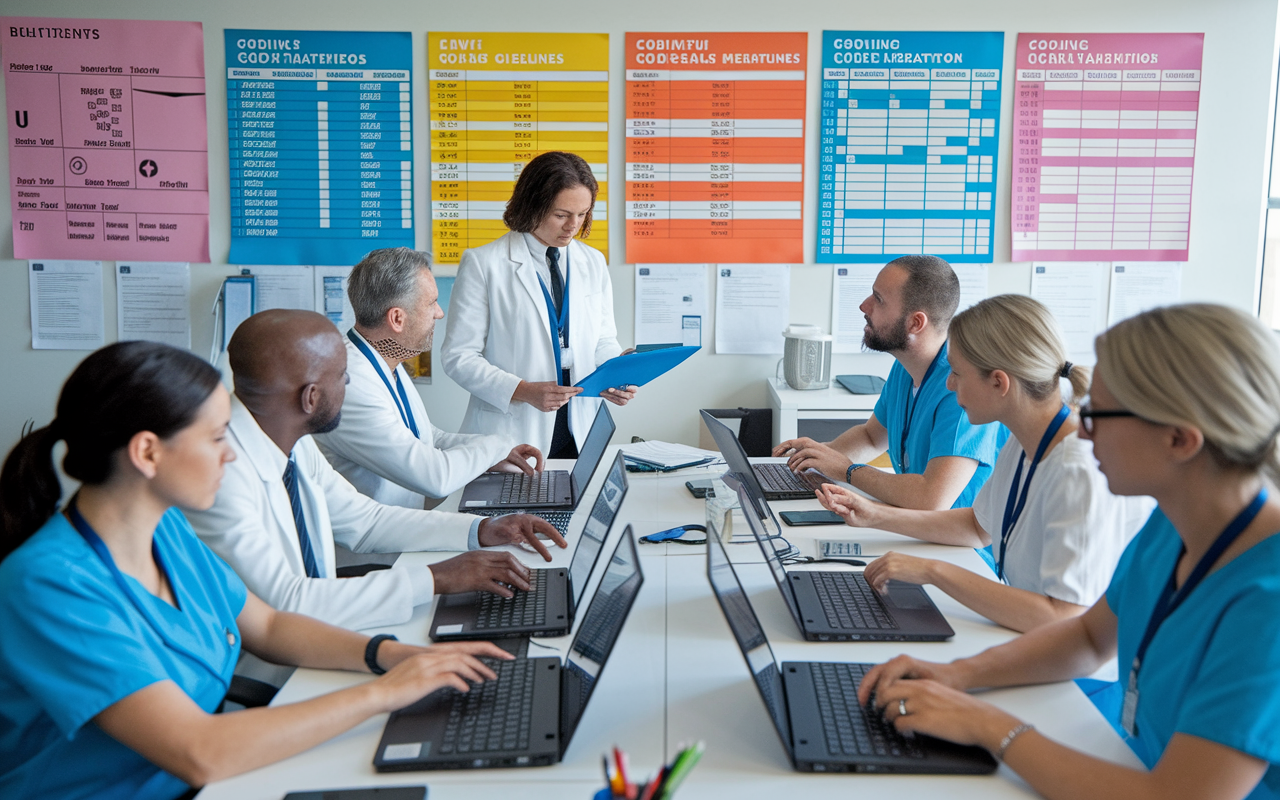 An office scene where a team of medical coders is engaged in training on a new billing software platform. Laptops are open, and colorful charts with coding guidelines are pinned on the walls. The environment is lively and dynamic, filled with discussions and learning materials that illustrate the complexity of medical billing.