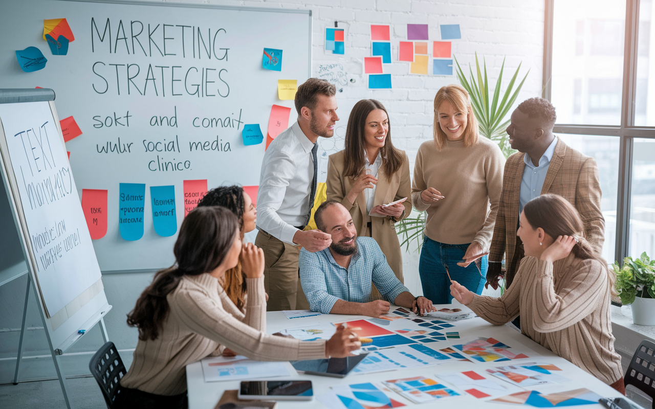 An energetic marketing team brainstorming ideas in a bright, modern office space adorned with branding materials and creative posters. A large whiteboard displays marketing strategies, while team members enthusiastically share ideas for community outreach and social media campaigns. The vibe is energetic and collaborative, reflecting the importance of effective marketing for a new clinic.