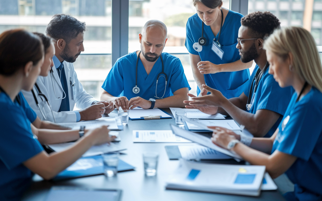 A dedicated team of healthcare professionals is gathered around a conference table, developing clinical protocols. They are reviewing documents and engaging in discussion, with legal compliance sheets and patient data guidelines visible. The atmosphere is serious yet collaborative, emphasizing the importance of patient safety and communication.