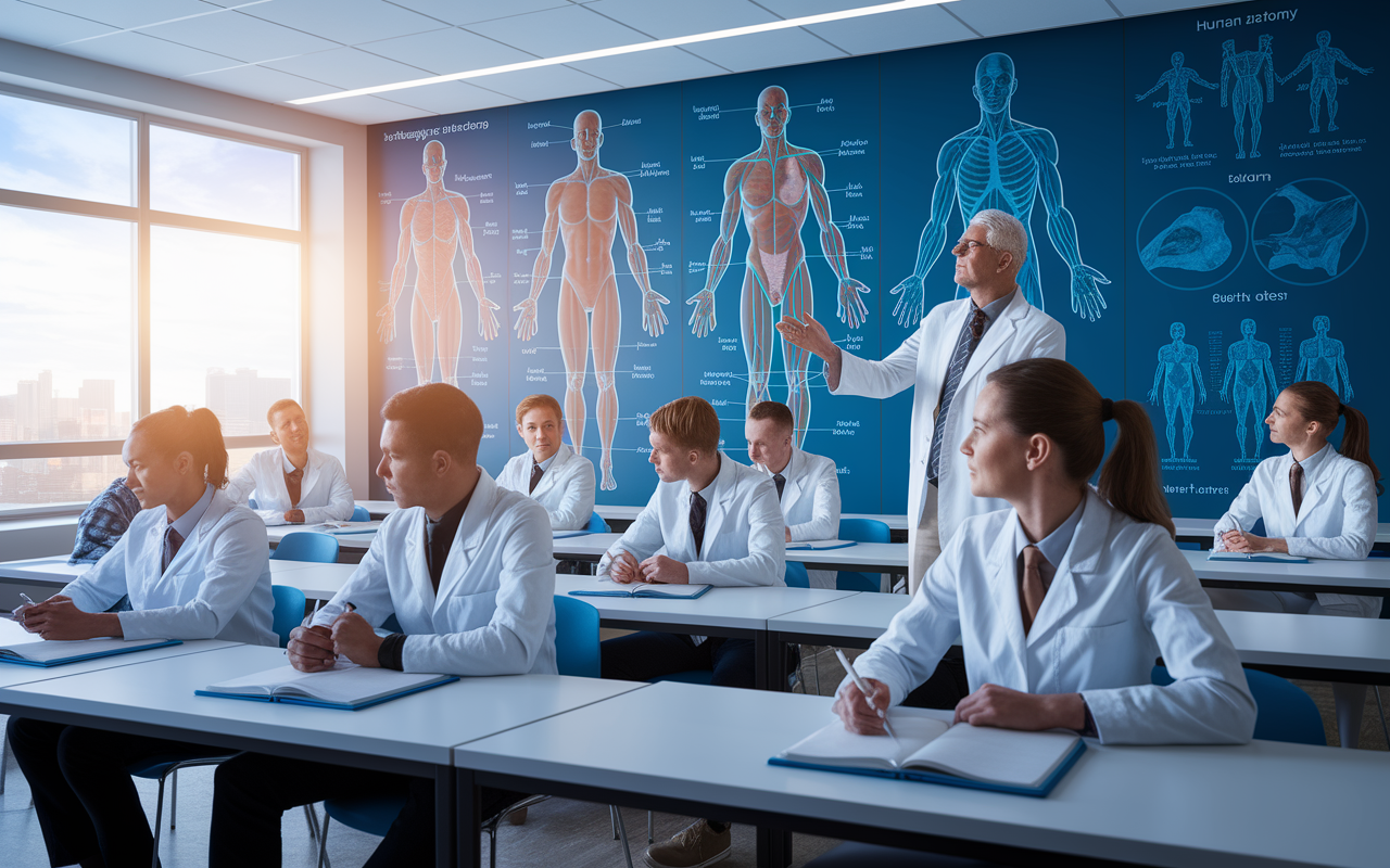 A dynamic scene showcasing a modern medical classroom filled with students in white coats attentively listening to a distinguished professor. The wall displays large visuals of the human anatomy and medical diagrams, with sunlight streaming through the windows, creating an inspiring educational atmosphere. The students appear engaged and eager to learn, with notebooks and textbooks open.