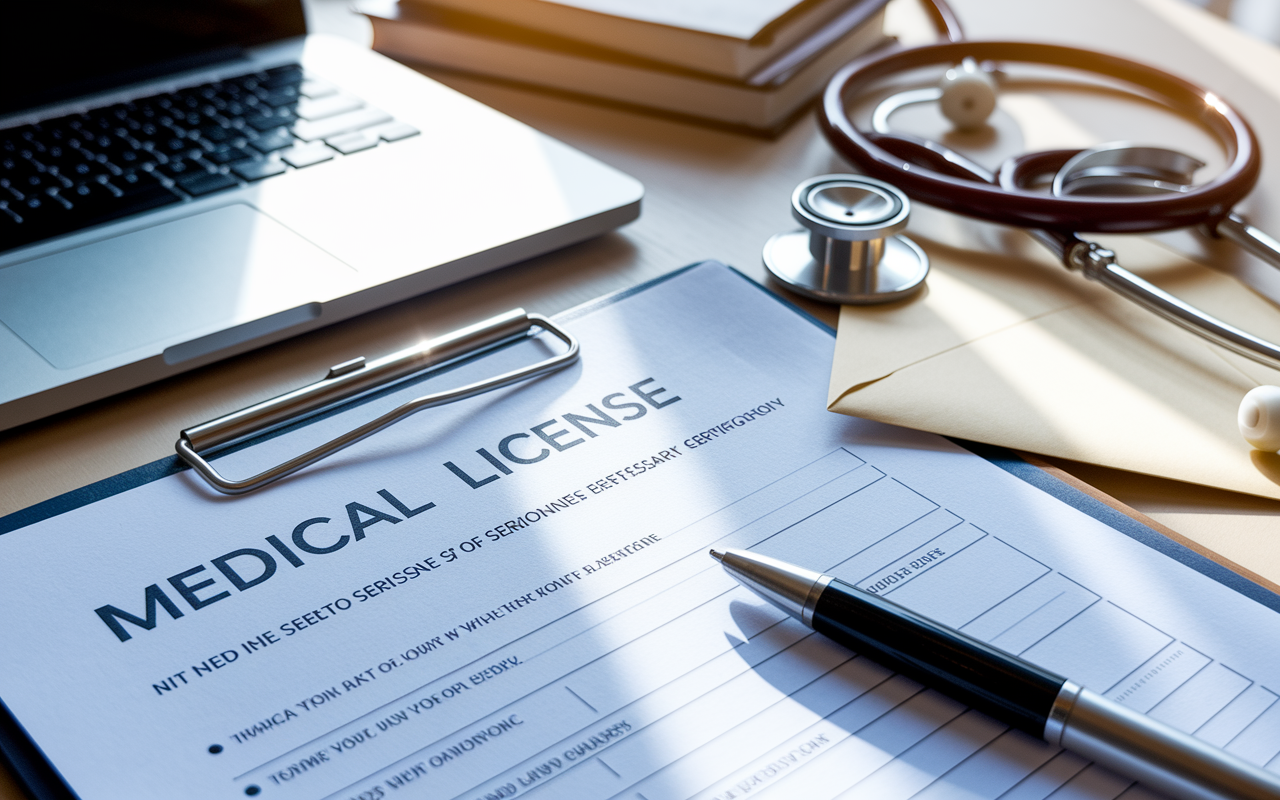 A close-up of a medical license application with a pen poised next to it, accompanied by a sealed envelope ready for submission. The background is a soft-focus office desk with a laptop, medical textbooks, and a stethoscope, evoking a sense of seriousness about obtaining the necessary certifications. Warm natural lighting casts gentle shadows around the desk elements.