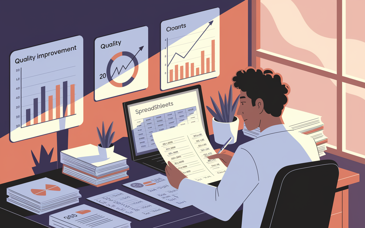 An illustration of a healthcare professional reviewing financial spreadsheets at a desk littered with medical records. The room features charts on the wall demonstrating quality improvement metrics. Warm, focused lighting enhances a sense of commitment to patient care and financial responsibility, showing the intertwining of healthcare and business acumen.