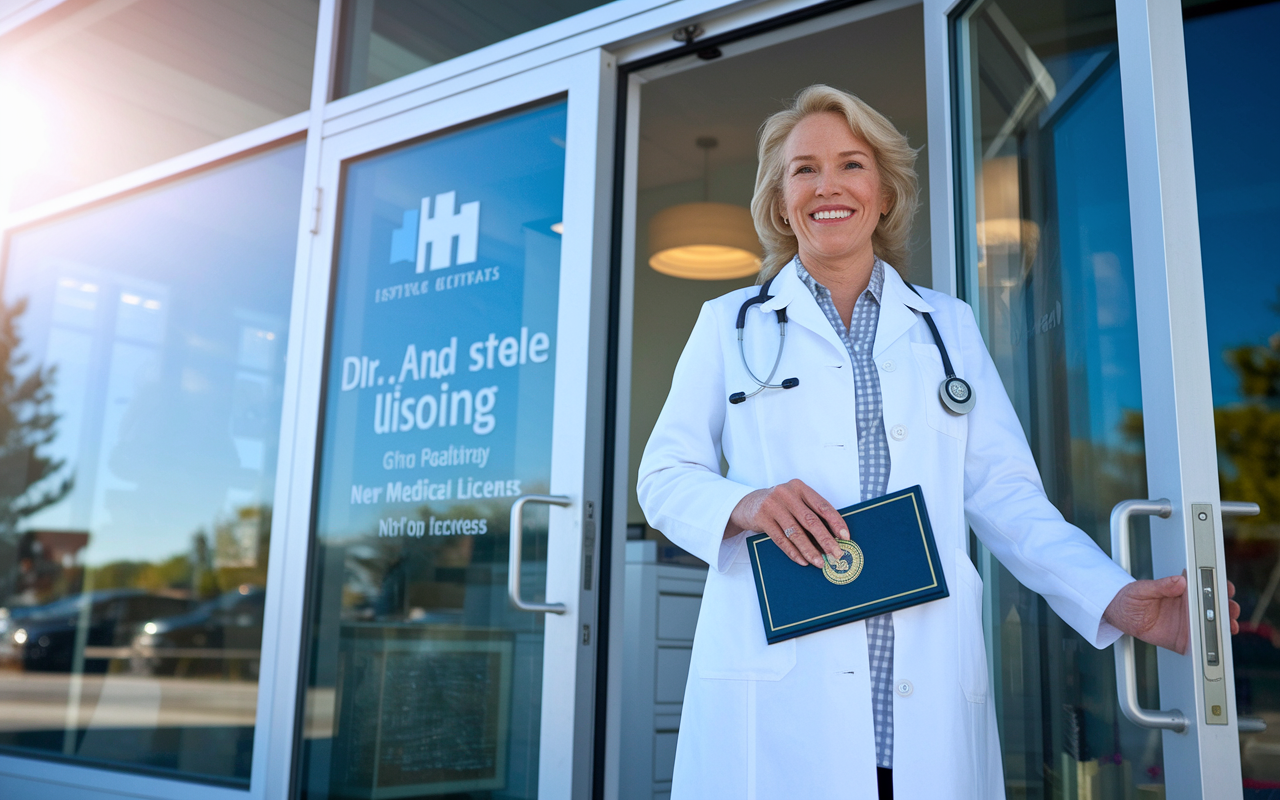 A confident Dr. Jane Smith, a middle-aged woman in a white coat, standing outside her new medical practice building, which is modern and welcoming. She has a proud smile, holding her state medical license in one hand, while the other hand rests on the door handle, symbolizing her readiness to welcome her first patients. The sun is shining brightly, creating an optimistic atmosphere for her new venture.