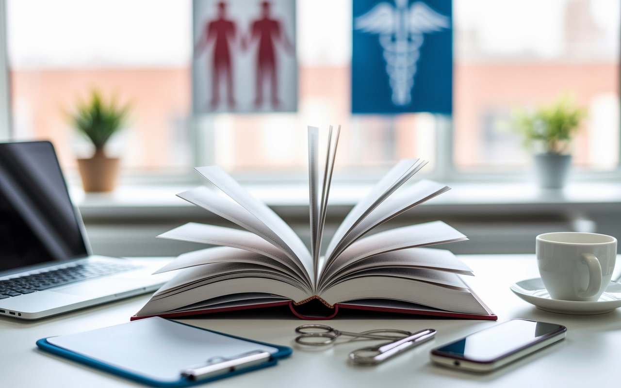 A visually inviting image of an open healthcare-related resource book with pages spread wide, surrounded by a laptop, medical tools, and a cup of coffee on a stylish desk. The background features soft focus on a bright office window with medical-themed posters on the wall, suggesting a productive study atmosphere for new healthcare practitioners.