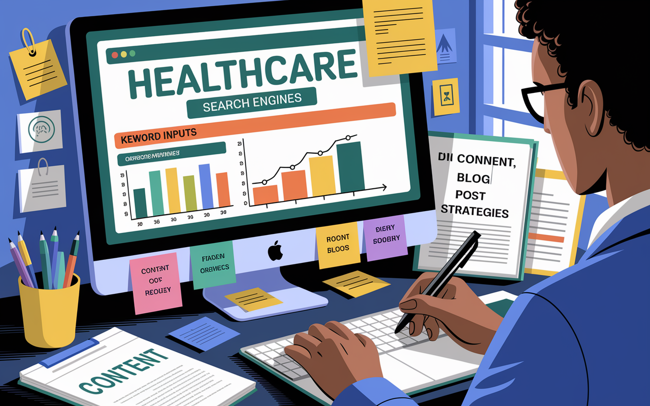 A visual representation of a healthcare website being optimized for search engines. The screen displays a vibrant interface showing keyword inputs and analytical graphs indicating increased visibility. A professional is taking notes, surrounded by resources on content creation, blog post ideas, and SEO strategies. The work environment is bright and organized, symbolizing efficiency and a focus on patient engagement.