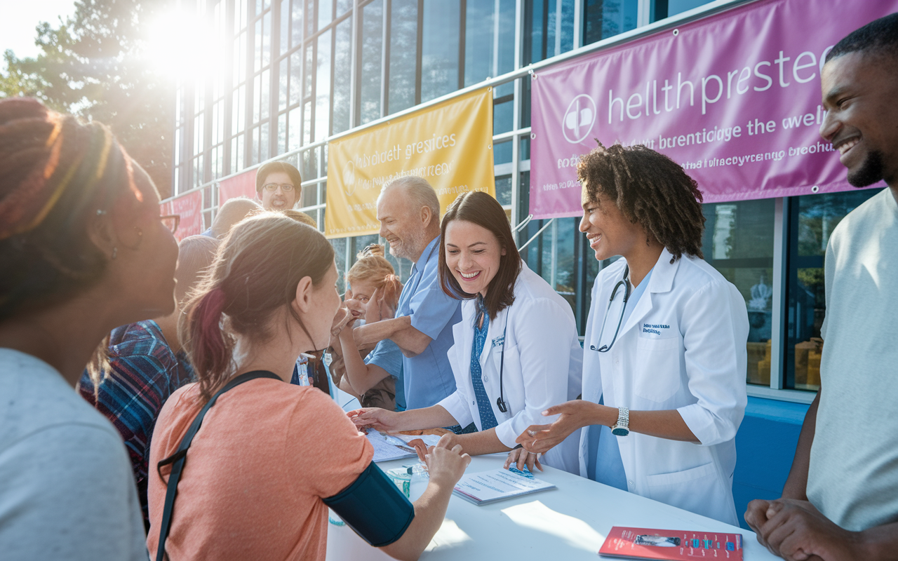 A dynamic health fair with a lively interaction scene featuring a booth run by a medical practice. Healthcare professionals are smiling while engaging with a diverse group of individuals and families. Community members are receiving free health services like blood pressure checks and informative brochures. Bright banners with the practice's logo and mission statement provide a warm, inviting atmosphere. Sunlight streams down, enhancing the sense of well-being and connection.