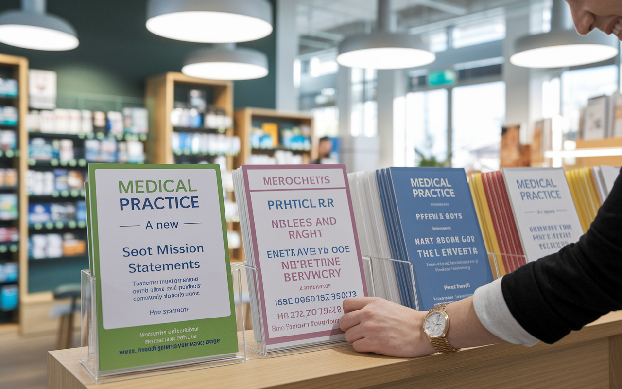 An interior scene of a local pharmacy or clinic displaying pamphlets and flyers promoting a new medical practice. A professional is arranging colorful brochures that highlight services, mission statements, and contact information. The environment is bright and welcoming, with soft ambient light to create an inviting space for patients. The setting reflects a sense of collaboration and community support.