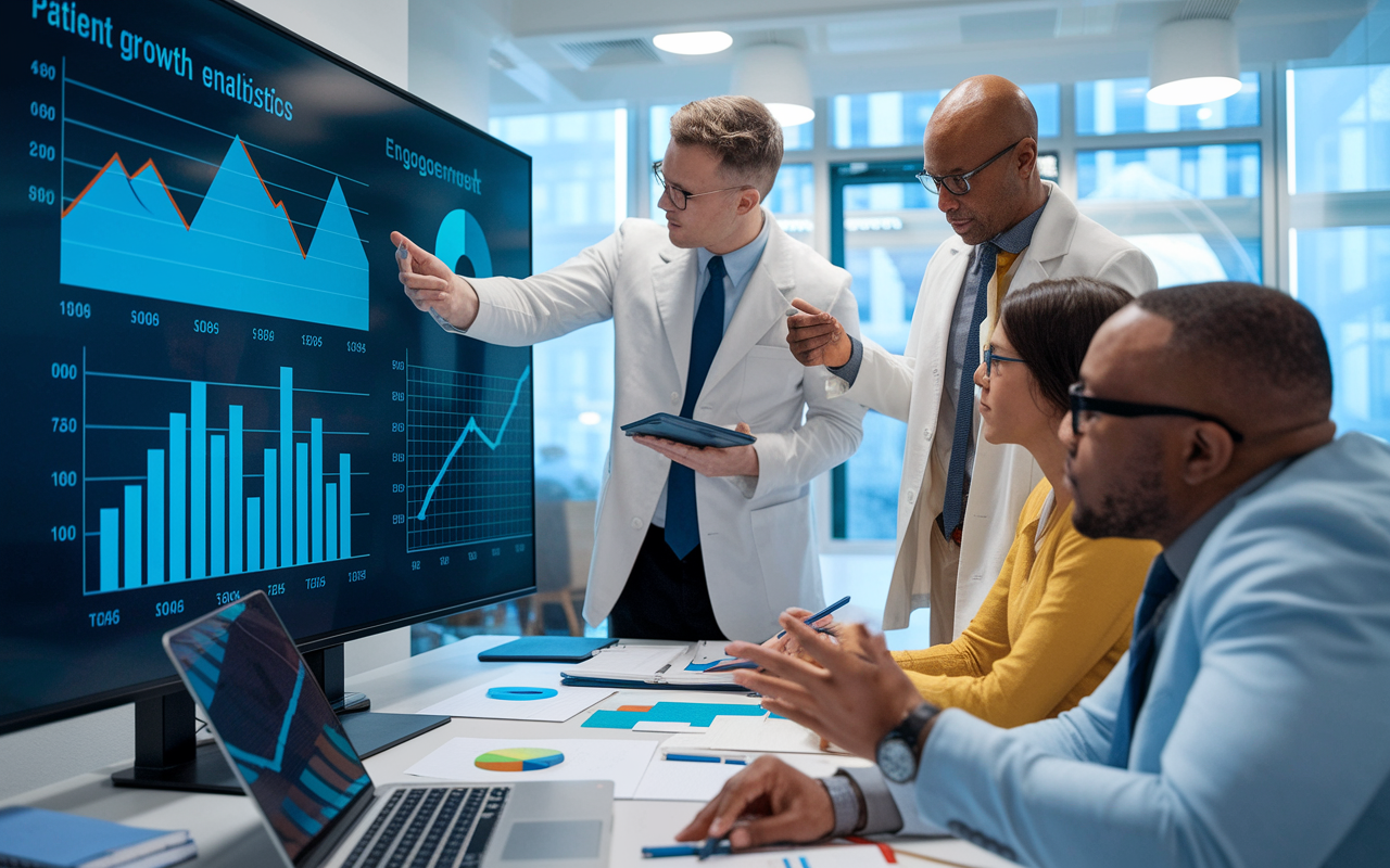 A modern office scene where a healthcare marketing team is analyzing data on a large screen. Graphs showing patient growth and engagement statistics are clearly displayed. Team members are discussing the analytics, taking notes, and brainstorming new strategies. The atmosphere is collaborative and innovative, emphasizing continuous improvement and adaptation in marketing efforts.