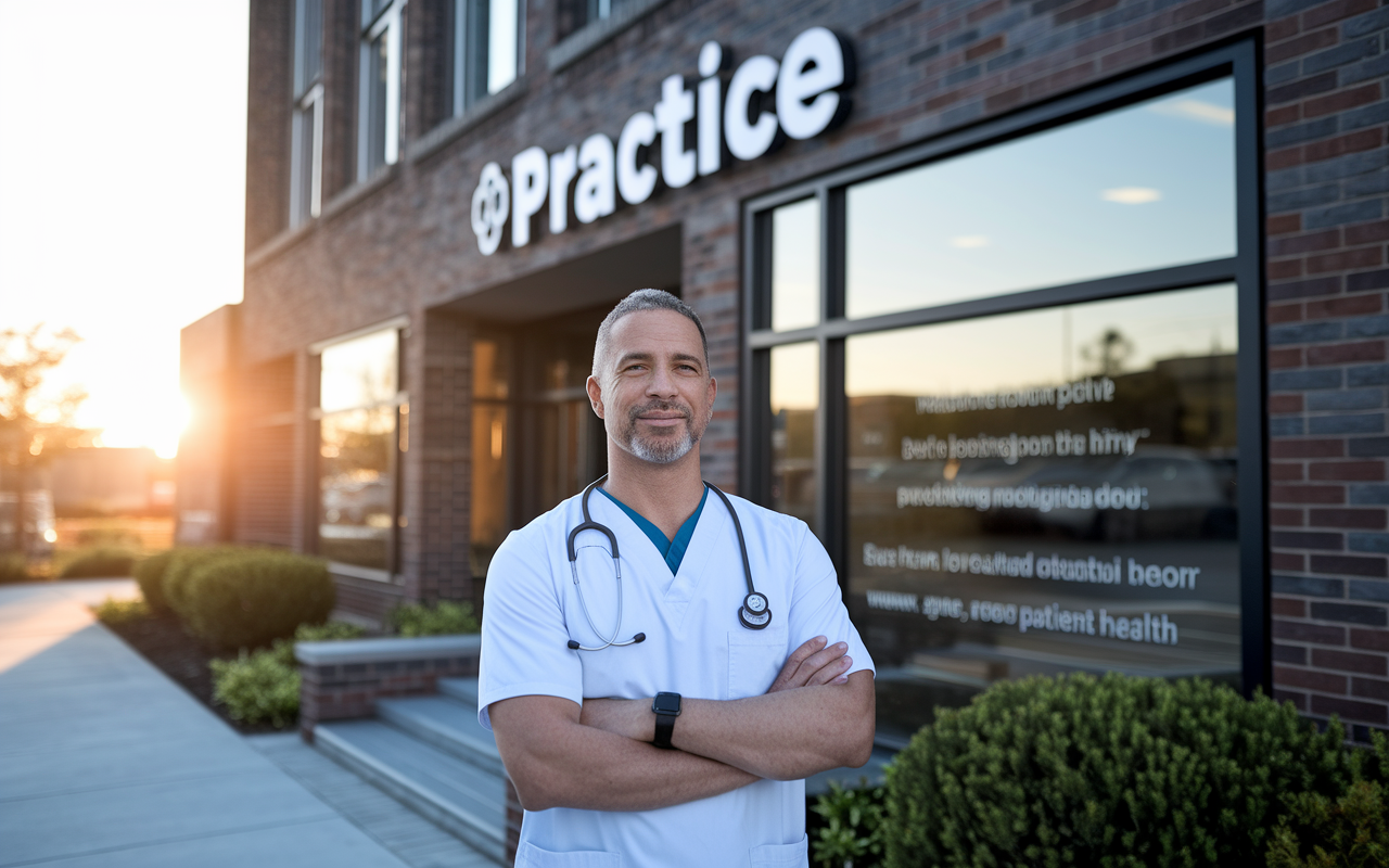 A thoughtful and professional medical practitioner standing in front of their practice, which has a well-designed exterior. The scene captures a sense of determination and optimism about the journey of attracting patients and building a brand. The sun setting in the background signifies that it is the end of a productive day, creating a warm atmosphere that reflects hope, care, and dedication to patient health.