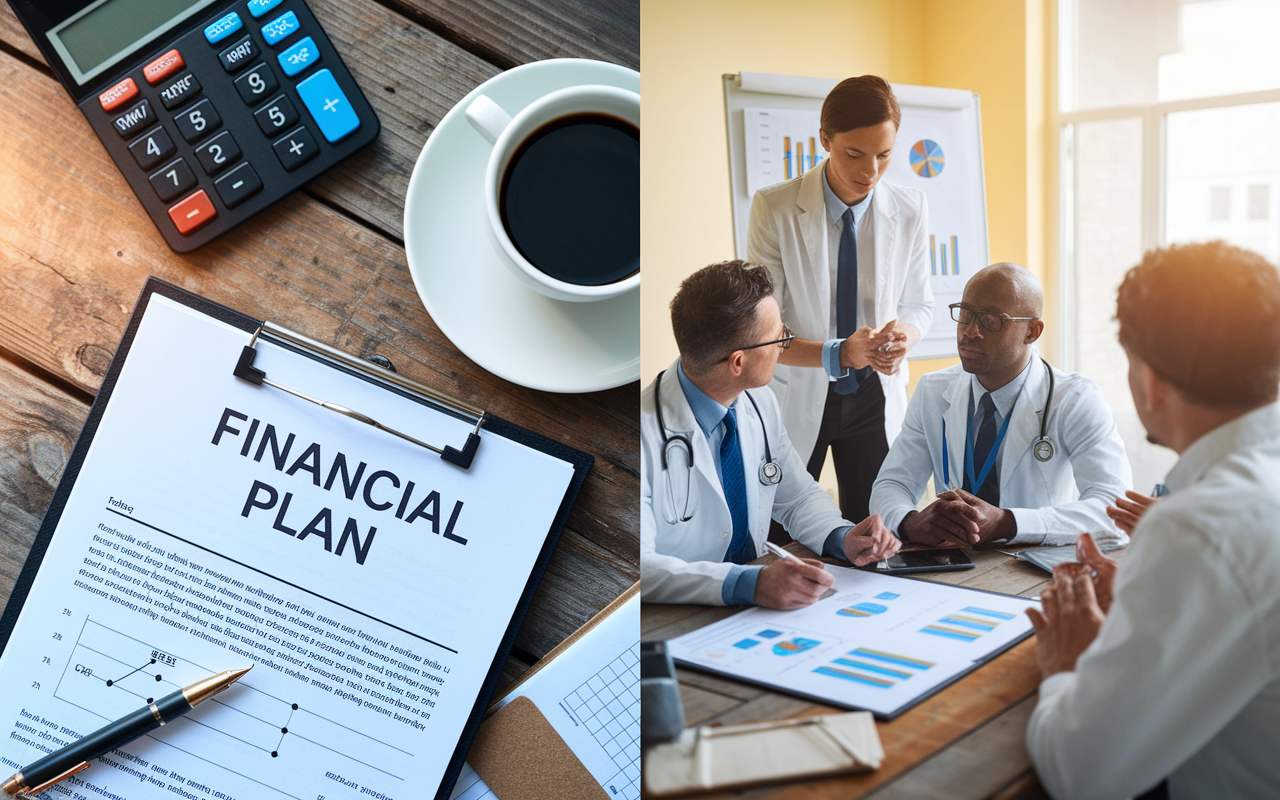 A visually engaging split-screen scene showing two aspects of financial planning for a startup clinic. On one side, a close-up of a business plan document on a rustic wooden table, with a pen, calculator, and coffee cup artistsically arranged. On the other side, a focused group of diverse healthcare professionals in a modern conference room discussing a financial strategy around a whiteboard featuring graphs and charts, depicting a collaborative and strategic atmosphere. Warm natural lighting enhances the scene, suggesting creativity and teamwork.