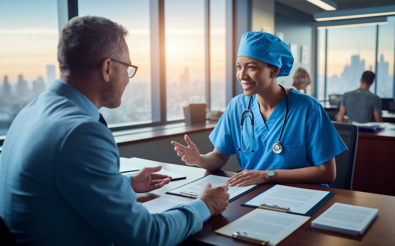 An insightful portrayal of a bank office where a medical professional in scrubs discusses a loan with a friendly bank officer. Papers and financial documents are spread out on the desk, showcasing the seriousness of the discussion. The room is well-lit with soft lighting, and a large window shows a cityscape beyond, symbolizing opportunity and growth. The atmosphere conveys professionalism and hope, highlighting the crucial moment of securing financing for a new clinic.