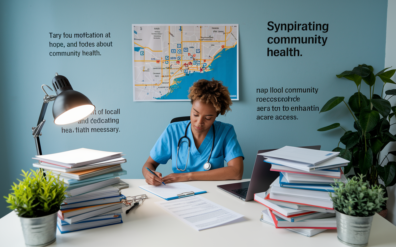 An engaging scene of a healthcare professional at a desk immersed in research, surrounded by stacks of grant application forms and a laptop. The workspace is adorned with plants and inspirational quotes about community health. The lighting is bright and motivating, symbolizing hope and success. A map of local community resources is pinned on the wall, indicating the professional's dedication to enhancing healthcare access.