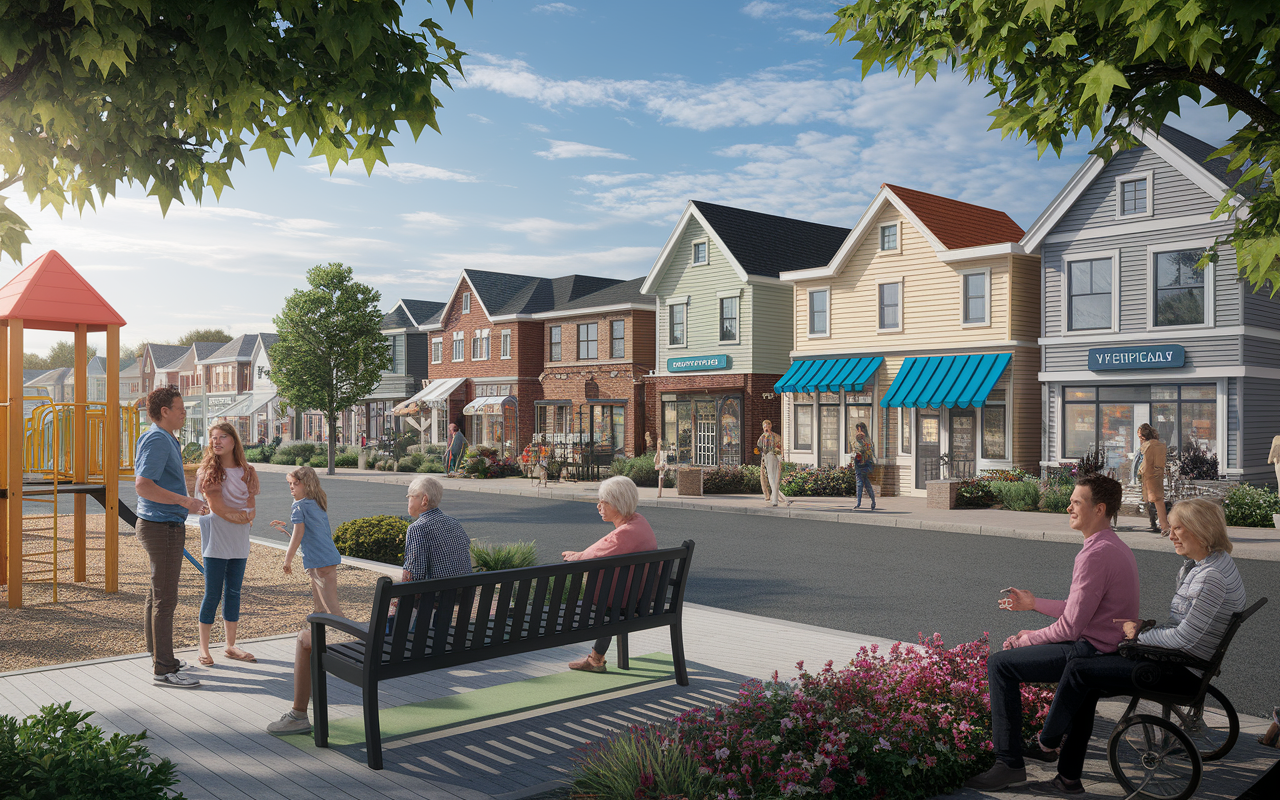 A vibrant neighborhood scene depicting a diverse population, including families with children at a playground, elderly individuals sitting on benches, and various small businesses. Show a mix of residential and commercial buildings with diverse architectural styles. Bright and sunny atmosphere, with people interacting positively. The scene illustrates a community with rich demographic variety, ideal for potential medical practice alignment.