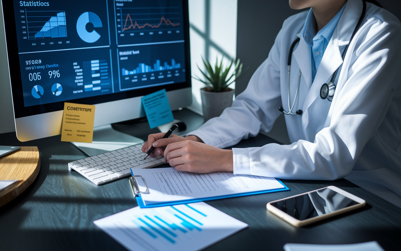 A healthcare professional engaged in a competitive analysis, seated at a desk in front of a computer with various graphs and charts displayed, showing statistics on local medical practices. A clipboard with notes beside them, a phone with nearby business cards of competitors. Dramatic lighting casts shadows, emphasizing the serious nature of the analysis.