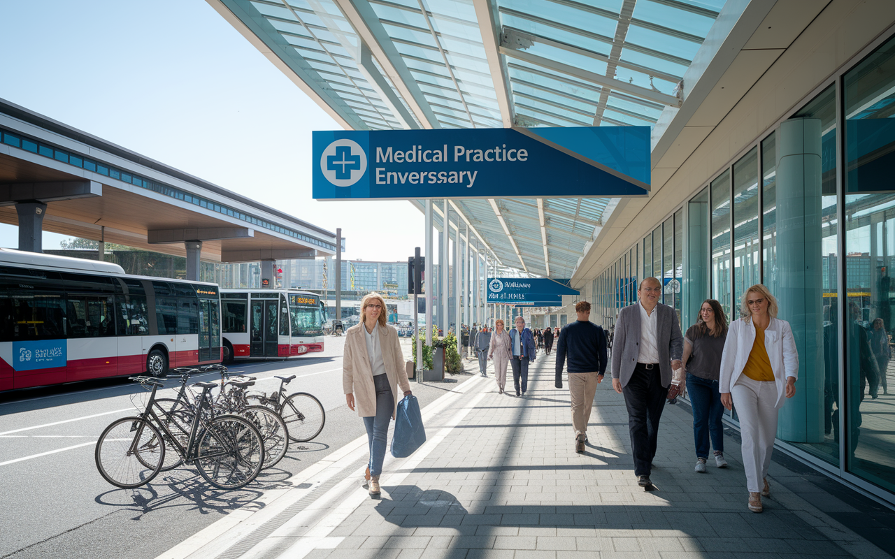 A busy street view showing a medical office building strategically located near a public transport hub with buses and bicycles nearby. Clear signage indicates the medical practice's name. The area has pedestrians walking, highlighting convenience. Bright daylight captures the bustling, energetic environment.