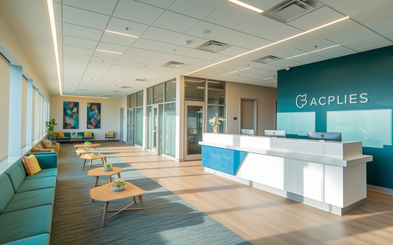 An interior view of a well-designed medical office space with reception, waiting area, and consultation rooms. The layout is functional with modern furnishings, calming colors, and high-tech equipment visible, creating an inviting atmosphere for patients. Natural light illuminates the space softly, emphasizing a welcoming feel.