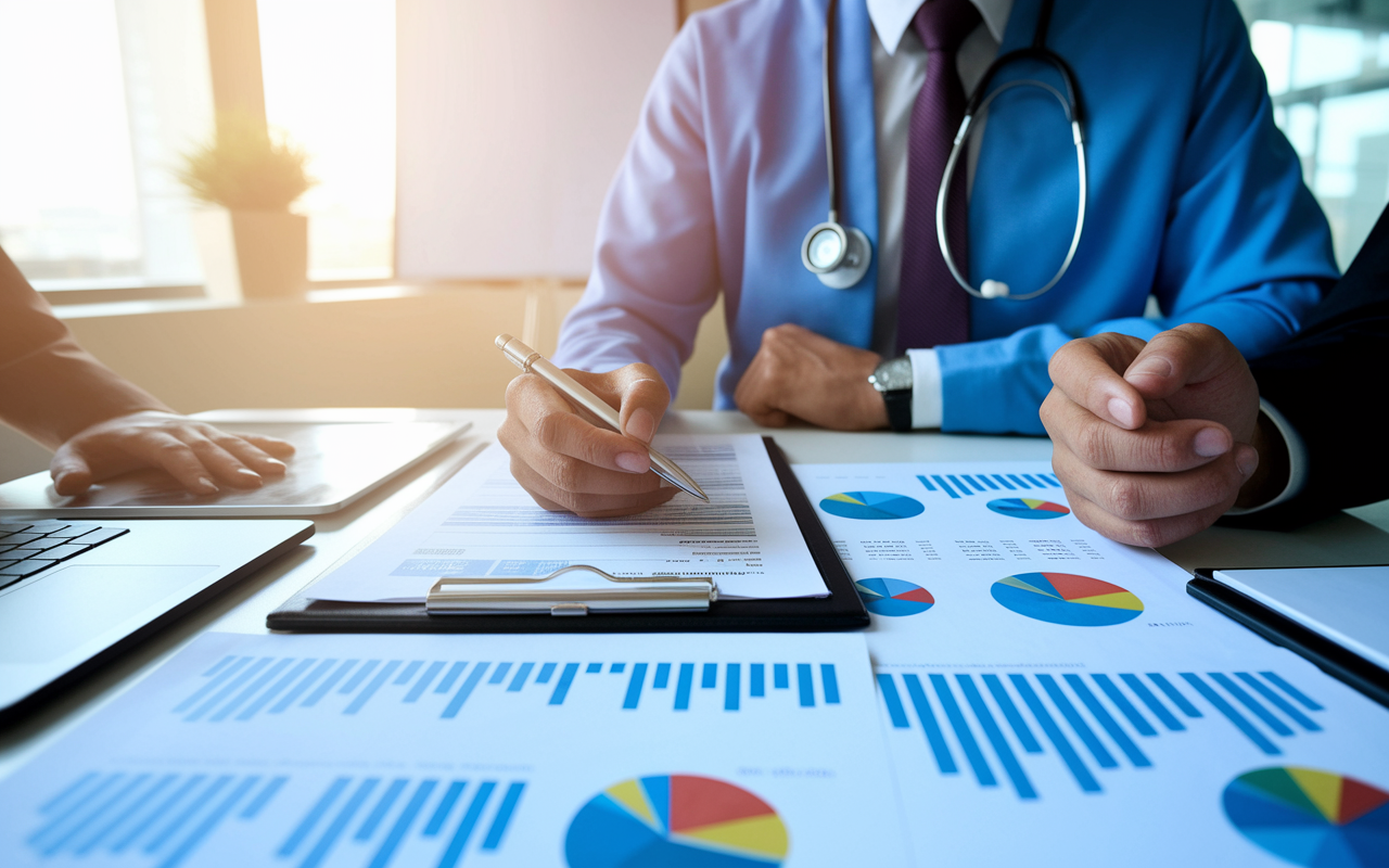 A financially savvy healthcare practitioner reviewing expense sheets alongside a financial advisor in a modern office. Images of local cost of living data and healthcare expense reports are visible on the table. The atmosphere conveys professionalism and optimism, under soft, warm lighting.