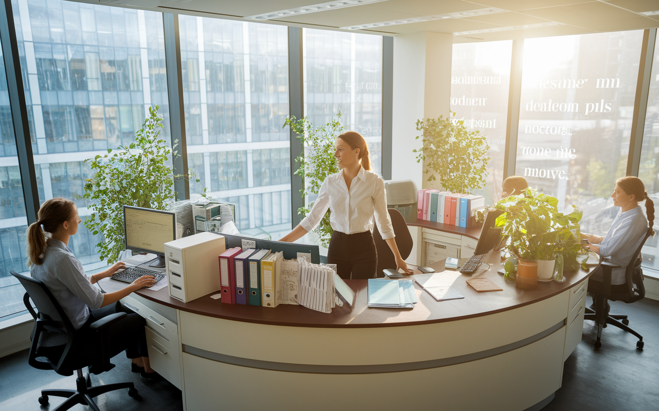 A dynamic office manager in a modern healthcare practice, standing confidently at a reception desk surrounded by patient files and a busy front office. The sunlight streams through large windows, creating a welcoming atmosphere. The manager is speaking with a staff member while multitasking on a computer, showing a well-organized workspace with plants and motivational quotes. The scene conveys professionalism, efficiency, and teamwork.