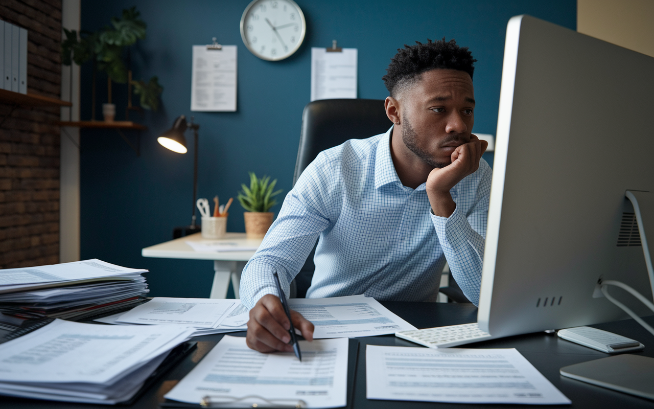 A focused billing specialist in a cozy office setting, reviewing billing statements and working on a computer. The desk is cluttered with invoices and medical report documents, and a wall clock shows it's late afternoon. The specialist is deep in thought, with a slight frown of concentration, representing diligence and attention to detail in the billing process.