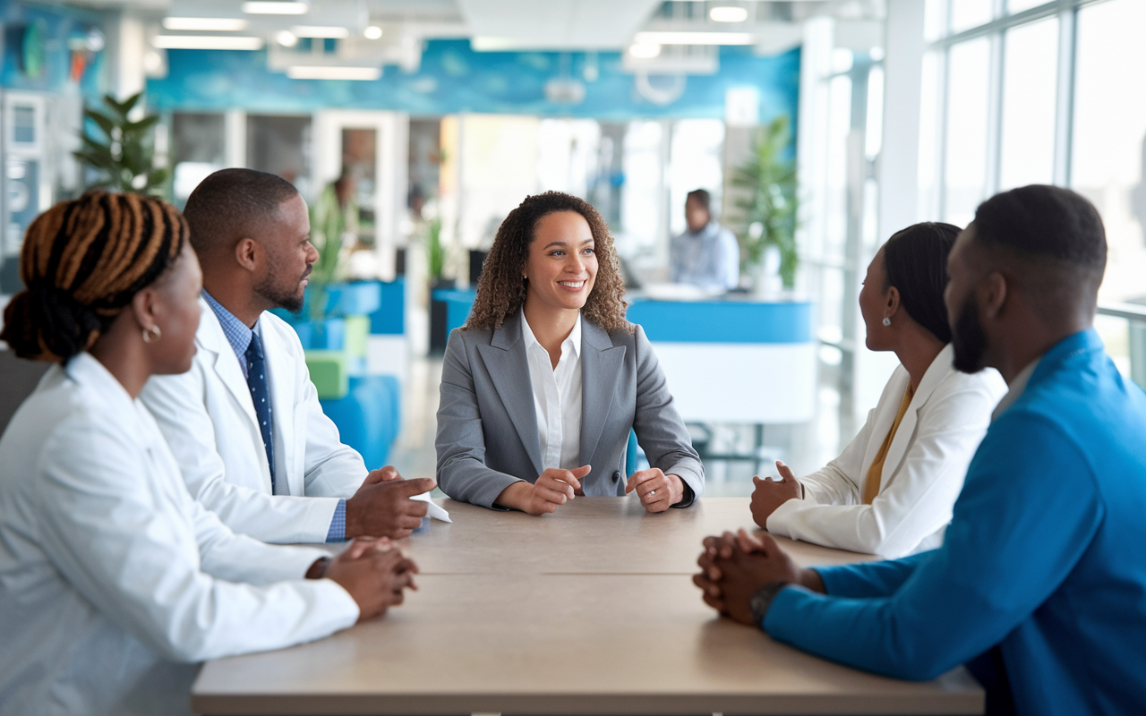 A panel interview taking place in a bright and welcoming healthcare office, with a diverse panel of three interviewers assessing a female candidate. The panelists show expressions of interest and engagement, while the candidate demonstrates confidence and enthusiasm. The bright office setting, decorated with healthcare themes, and the well-organized table setup create an environment of professionalism and respect.