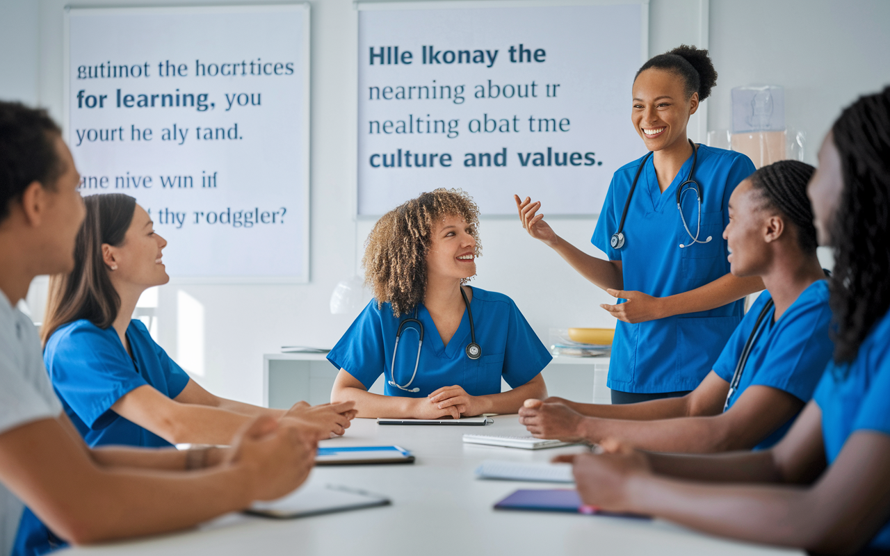 A cheerful onboarding session in a spacious training room with new hires receiving orientation. The room is well-lit and decorated with inspirational healthcare quotes, while the trainer engages the staff with informative presentations. New hires appear eager and attentive, creating a warm and inviting environment for learning about the practice's culture and values.