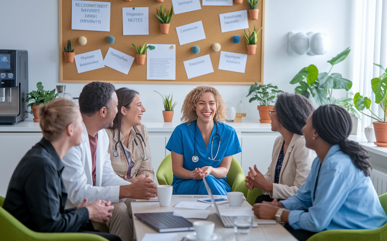 A lively teamwork scene in a healthcare practice's break room, with a diverse group of staff sharing laughs and engaging in open discussions. A bulletin board displays recognition notes and professional development opportunities. The room is bright and welcoming, filled with plants and a coffee machine, promoting a culture of collaboration and support among team members.