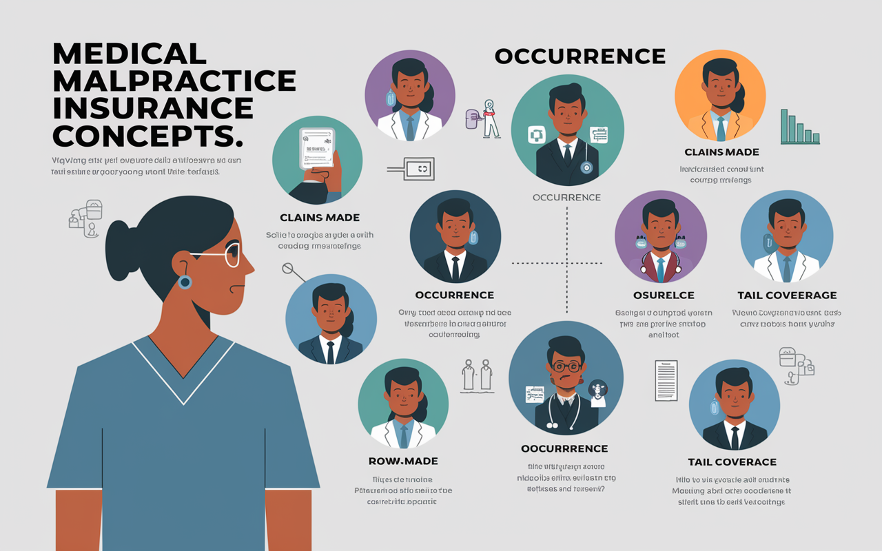 A visually detailed infographic illustrating medical malpractice insurance concepts. Show icons for different coverage types: Claims-Made, Occurrence, and Tail coverage. Include a medical professional looking at the icons with various emotions such as concern and relief. Utilize a clean, modern design with soft color gradients to facilitate understanding.