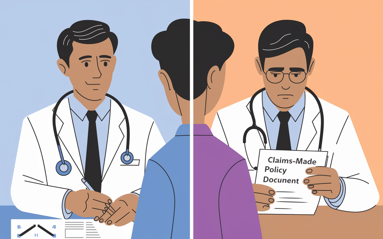 A split image showing two scenarios of medical professionals handling patient care: on one side, a young doctor discussing a treatment plan, and on the other, a worried doctor reviewing a claims-made policy document. Use a balanced design with contrasting colors to highlight the concepts of security and risk.