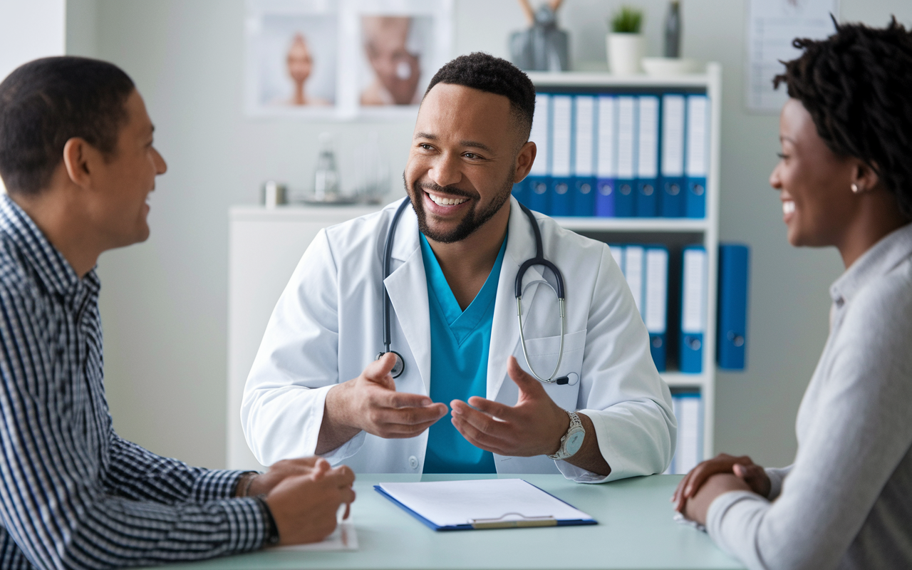 A warm, inviting scene inside a doctor's office where a physician is actively engaged in a conversation with a patient, explaining treatment options. The atmosphere is calm, showcasing a bedside manner approach with smiling faces, surrounded by medical charts and a well-organized workspace.