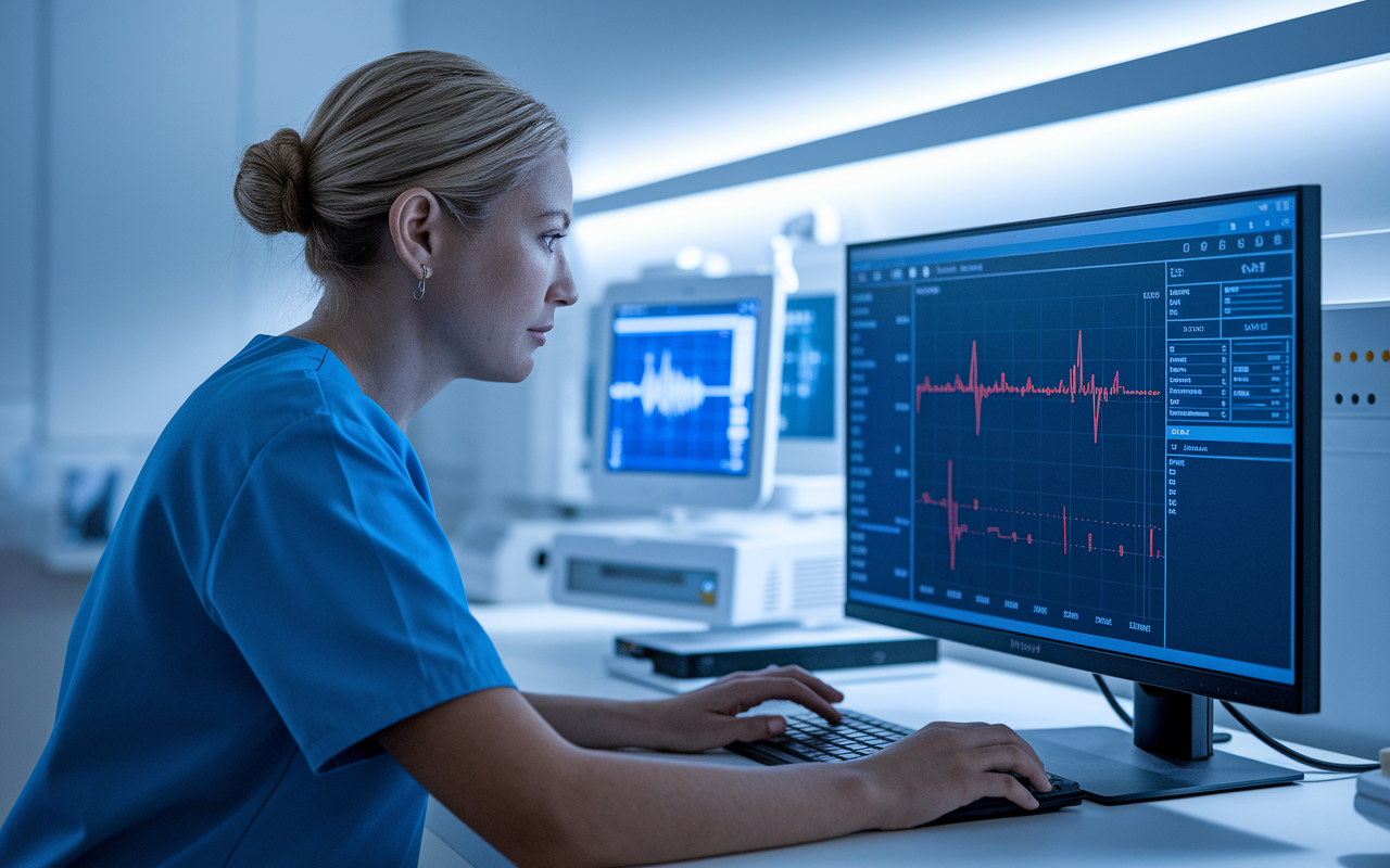 A focused healthcare professional reviewing a patient's Electronic Health Record (EHR) on a high-resolution monitor in a well-lit medical office. The screen displays patient data with charts and graphs, illustrating real-time access to health information. The environment is modern and organized, with advanced medical equipment in the background. Gentle lighting creates a serene atmosphere, emphasizing the importance of technology in patient care.