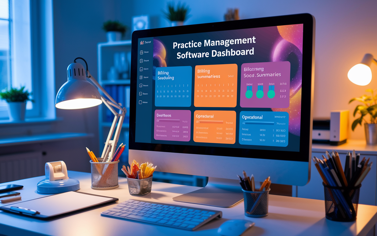 A computer screen showcasing a Practice Management Software dashboard, displaying appointment scheduling, billing summaries, and operational analytics. The workspace is uncluttered, featuring modern office tools and décor. The screen glows with vivid graphics, illustrating the software's user-friendly interface. Warm ambient lighting enhances the lively atmosphere, portraying a productive medical environment.