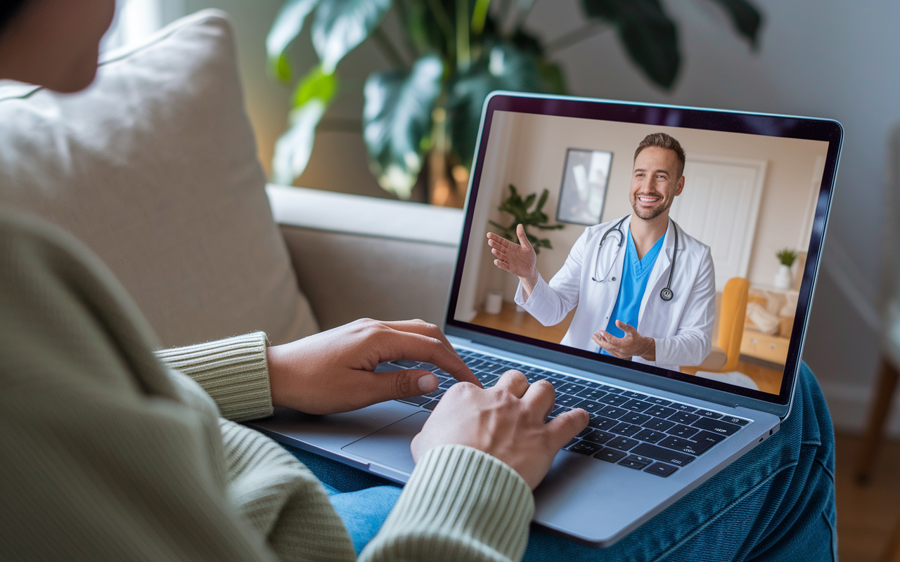 A scene depicting a virtual telemedicine consultation, where a patient is comfortably seated at home, using a laptop to connect with a healthcare provider. The laptop screen shows a friendly physician guiding the patient through a digital examination. The setting is warm and inviting, with plants in the background, creating a sense of accessibility and modern healthcare solutions.