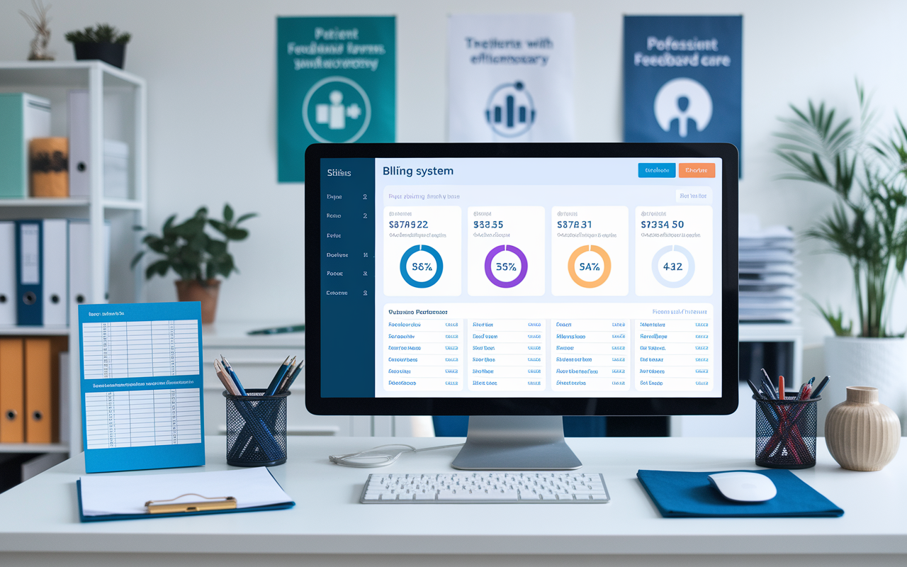 An organized medical office with a billing system software interface prominently displayed on a monitor. The dashboard shows various metrics related to payments, outstanding claims, and financial performance in a visually appealing and navigable format. The environment is professional, with healthcare-related posters and patient feedback forms in the background, combining efficiency with patient-centered care.