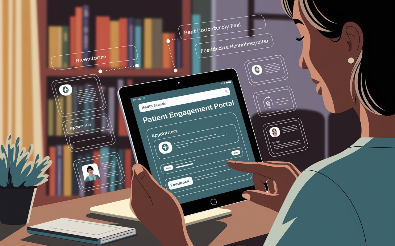 A graphic illustration showing a patient interacting with a patient engagement portal on a tablet. The interface displays health records, appointment reminders, and feedback options, all set within a cozy home environment. Soft lighting creates a friendly feel, symbolizing the blending of technology with healthcare. The image conveys a sense of connection and ease between patient and provider.