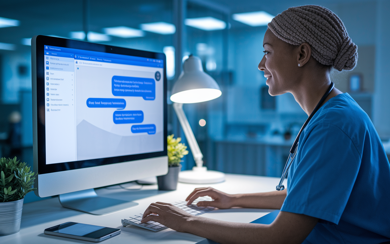 A healthcare professional is seen communicating with patients via a secure messaging platform on a desktop computer within a healthcare facility. The interface reflects encrypted messages and is designed efficiently for ease of use. A calming and secure atmosphere is portrayed with soft lighting and contemporary office decorations, highlighting the importance of confidentiality in medical communications.