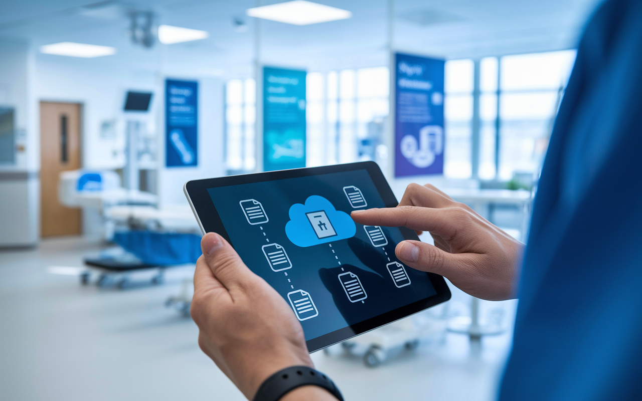 A medical staff member accesses cloud storage on their tablet in a bright and organized healthcare office. The screen displays icons representing files and documents in a cloud environment, emphasizing accessibility and security. The setting is professional, with medical equipment and informational posters in the background, showcasing the blend of technology and healthcare.