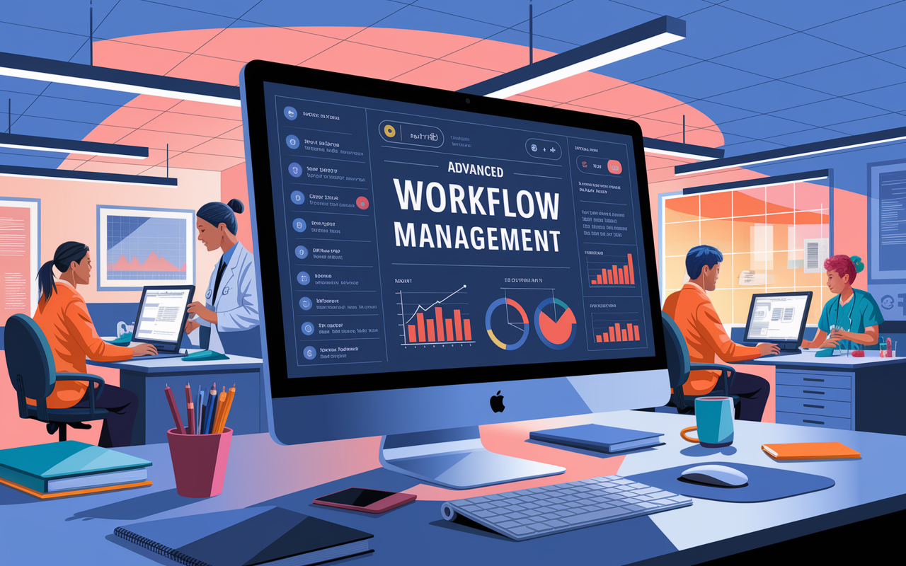 An advanced workflow management interface is displayed on a medical office computer, illustrating task assignments and progress tracking. The environment is vibrant and organized, with collaborative work being done in the background. The screen showcases graphs and analytics, promoting efficiency in daily operations. Bright overhead lighting enhances the focus on productivity in the healthcare setting.