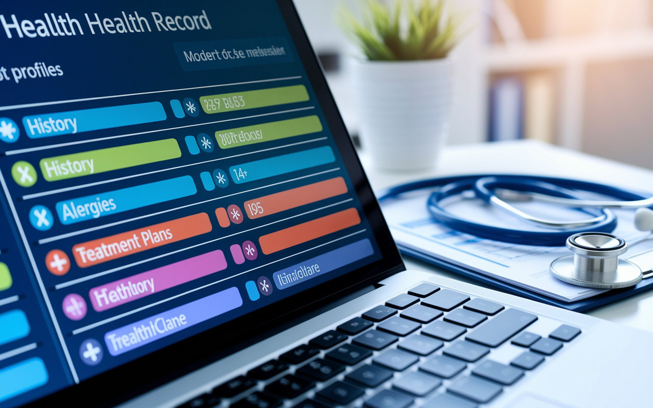 A close-up view of a computer screen displaying a user-friendly Electronic Health Record interface. The screen shows patient profiles with neatly organized data such as medical history, allergies, and treatment plans, highlighted by vibrant colors for easy navigation. The background features a modern doctor's office with a stethoscope and medical charts, emphasizing the intersection of technology and healthcare.