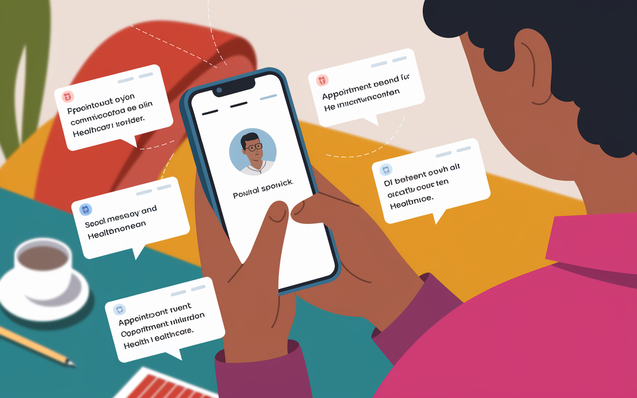 A vibrant graphic showing a patient using a smartphone to access a secure healthcare communication portal. The screens display messages between the patient and their healthcare provider, including appointment reminders and health advice. The scene emphasizes the importance of digital communication in modern healthcare, with a warm, inviting background representing a comfortable home environment.